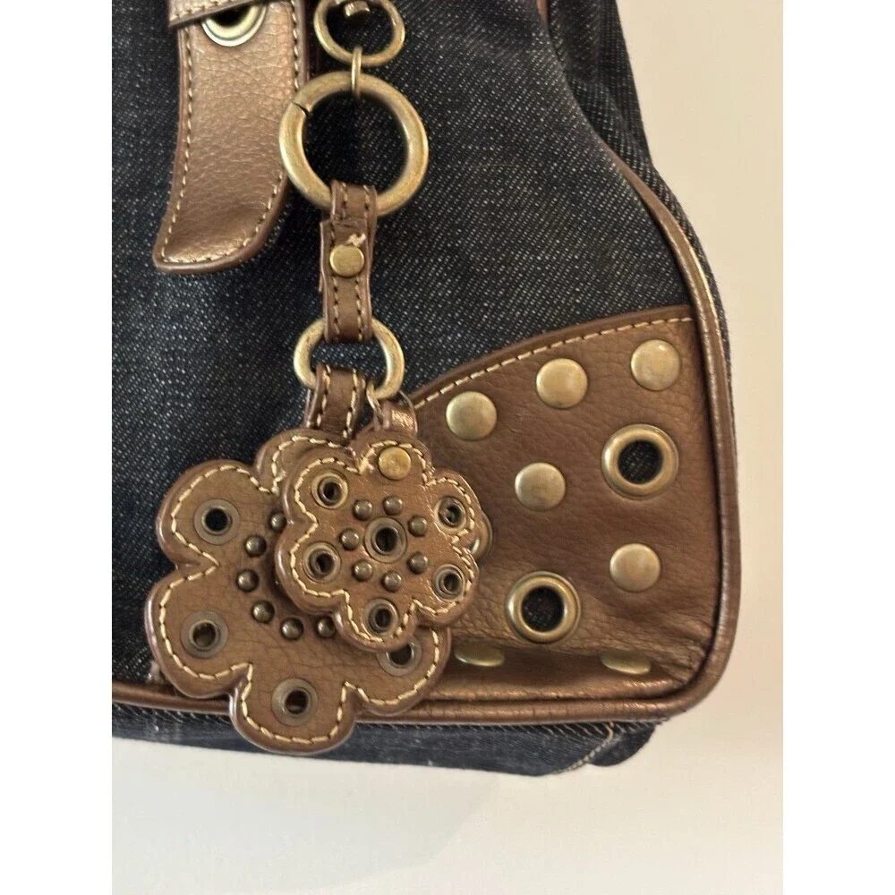 Franco Sarto Denim Blue & Brown Metallic Grommet Studded Y2K Satchel Tote Purse